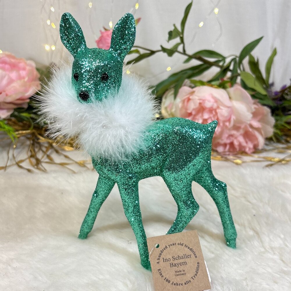 Ino Schaller Bayern Teal Glitter w/Feather Boa Woodland Deer Fawn Figurine NWT